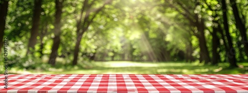 A red and white checkered tablecloth on an outdoor picnic or barbecue setting with a blurred background of green trees in the park. 