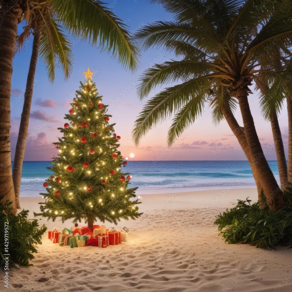 Obraz premium palm tree on the beach, palm trees on the beach, christmas tree on the beach