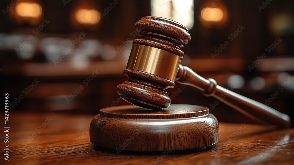 A wooden judge gavel strikes a sound block against a blurred courtroom background, representing legal decisions or auctions. A wooden judge gavel strikes a sound block against a blurred courtroom background, representing legal decisions or auctions.