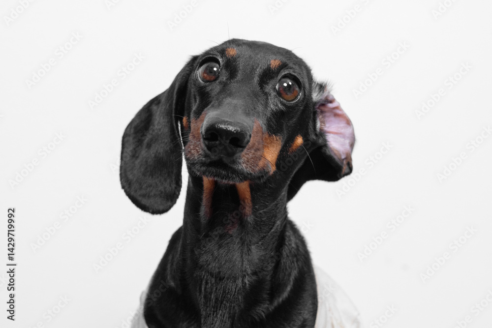 Portrait of an adorable dachshund with a curious expression against a white background, capturing its playful and inquisitive nature. Portrait of an adorable dachshund with a curious expression against a white background, capturing its playful and inquisitive nature.