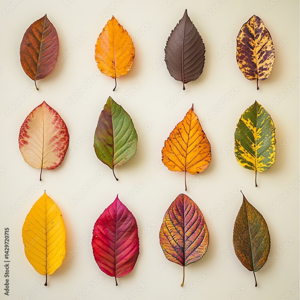 Fototapeta premium Autumn Leaf Collection Vibrant Colors Natural Design Fall Foliage Seasonal Leaves Beautiful Yellow Red Orange Brown Green Leaflets Botanical Nature 