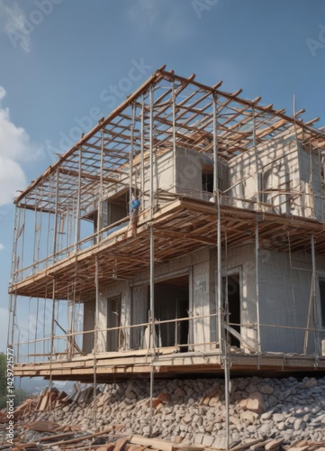 Wallpaper Mural Modern house undergoing roof renovation, scaffolding visible, architecture, work Torontodigital.ca