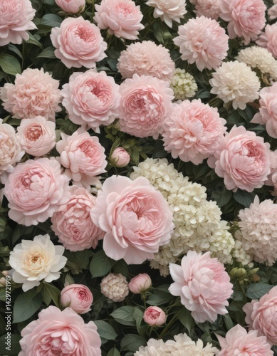 Muted pastel pink roses, peonies & hydrangeas create a vintage floral wall backdrop , decor, floral design