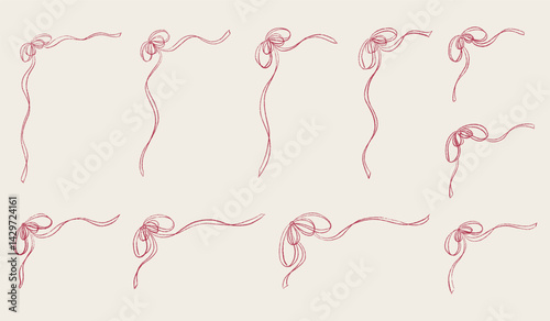 Hand drawn coquette outline bow ribbon corner frame set. Chalk wavy pencil texture doodle borders collection. Different sizes: wedding invitation, greeting card, postcard design. Vector illustration