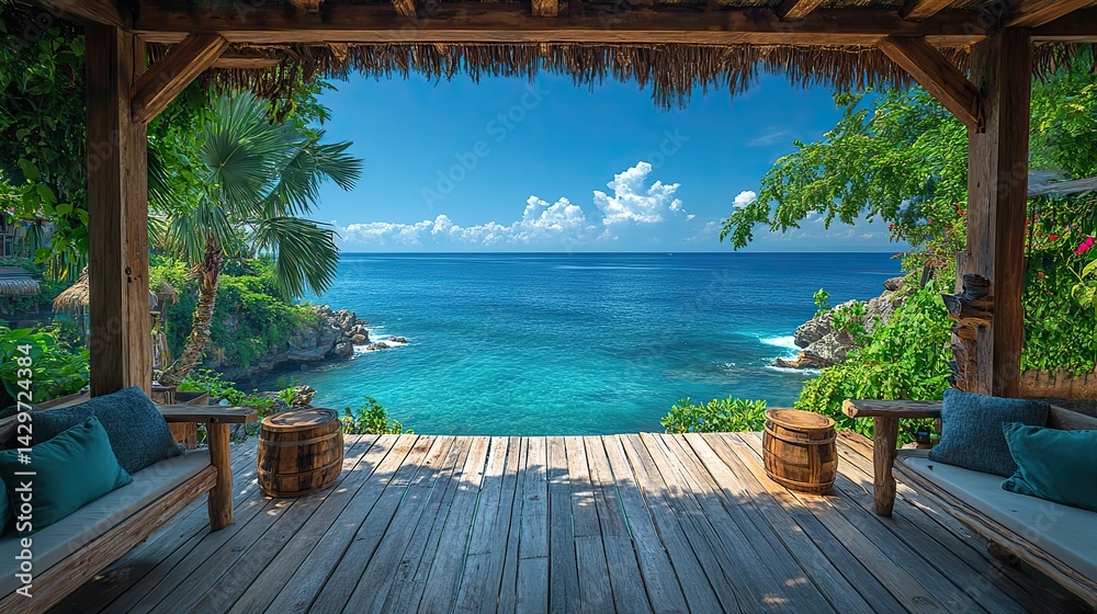 Fototapeta premium A wooden terrace overlooking a beautiful tropical ocean with palm trees frames a perfect vacation getaway under a clear blue sky.