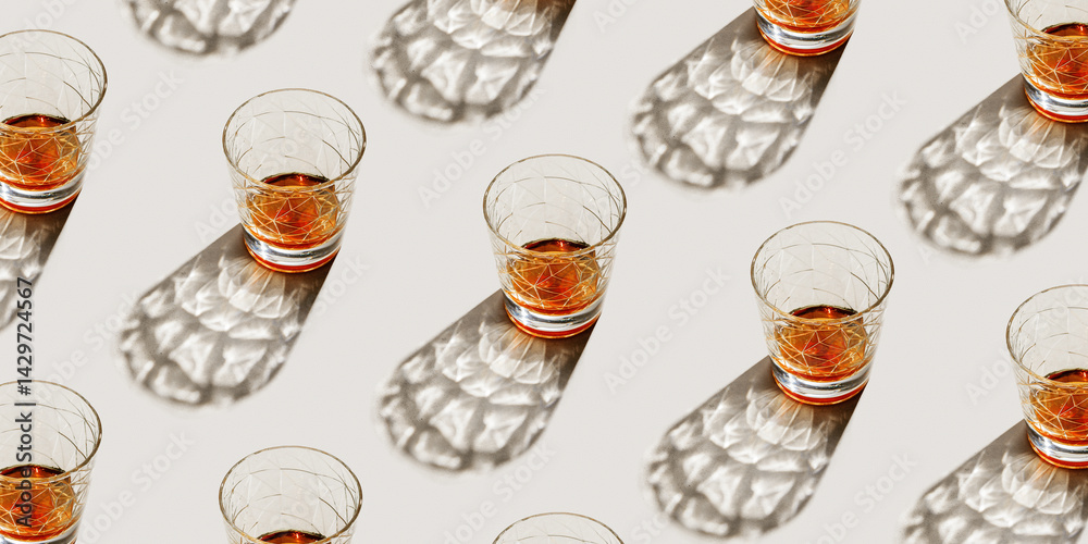 Transparent Glasses with alcohol drinks, shadow at sunlight on beige concrete table, minimal banner, creative aesthetic pattern shiny glass sparkling at natural light, summer strong drink, above
