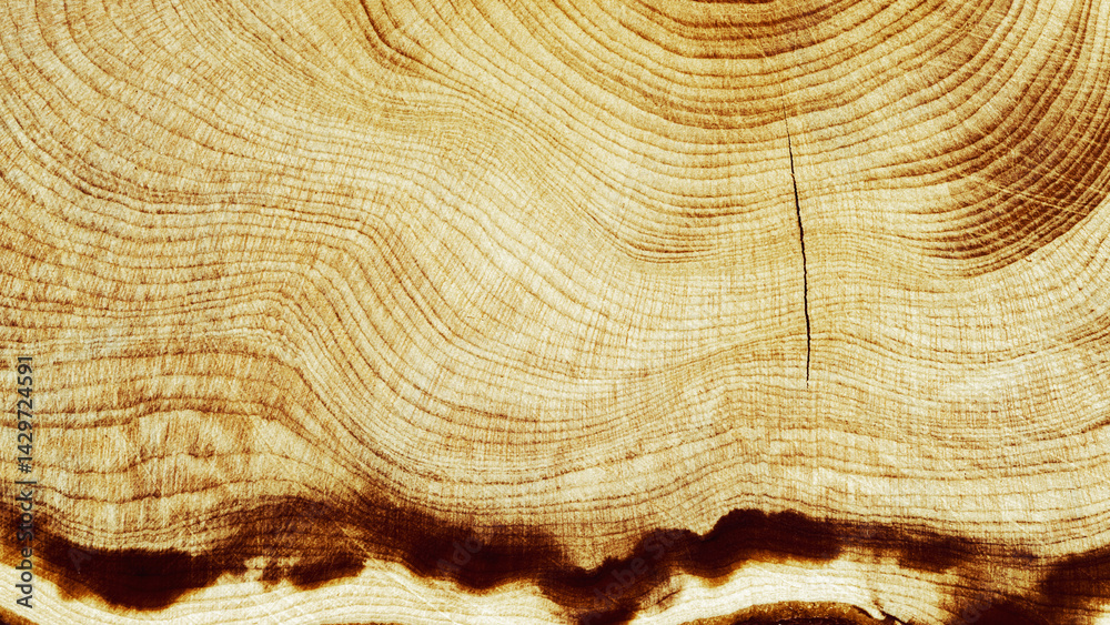 Natural wooden background, close up wood annual rings form. Top view of cross section of juniper tree, graphic nature organic pattern. Sawed timber with tree ring print, natural textures banner