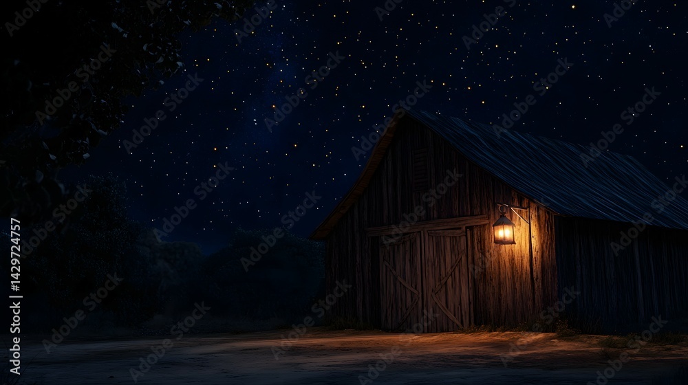 Naklejka premium Rustic wooden barn bathed in starlight on a dark night.