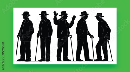 Silhouette Illustrations Of Senior Men With Walking Sticks In Various Poses
