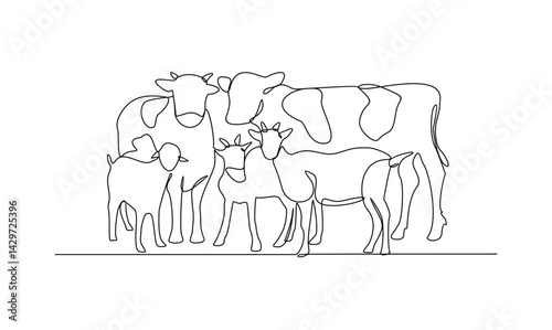 One continuous line drawing of various animal for sacrifice in the Eid Adha Mubarak vector illustration. Cow, sheep, camel and goat for celebration in the Islamic holiday in linear style concept.