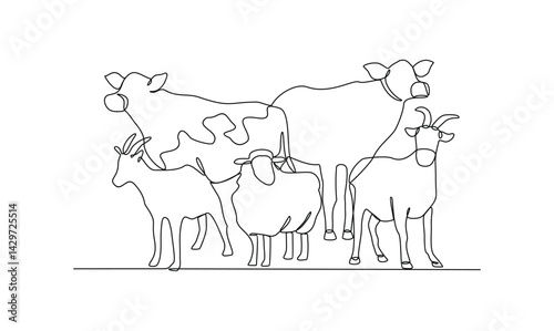 One continuous line drawing of various animal for sacrifice in the Eid Adha Mubarak vector illustration. Cow, sheep, camel and goat for celebration in the Islamic holiday in linear style concept.