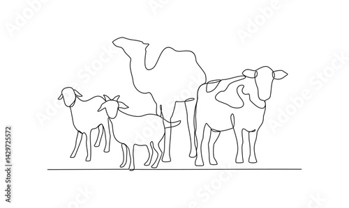 One continuous line drawing of various animal for sacrifice in the Eid Adha Mubarak vector illustration. Cow, sheep, camel and goat for celebration in the Islamic holiday in linear style concept.