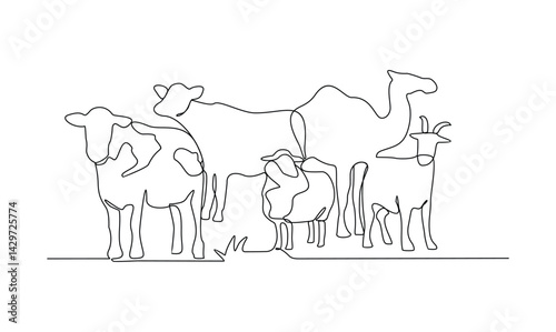 One continuous line drawing of various animal for sacrifice in the Eid Adha Mubarak vector illustration. Cow, sheep, camel and goat for celebration in the Islamic holiday in linear style concept.