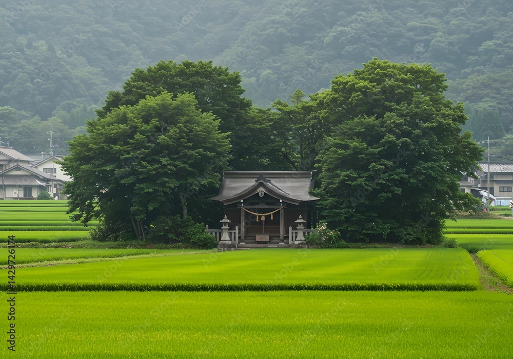 Fototapeta premium 田園にたたずむ小さな神社と豊かな緑の風景 — 日本の原風景