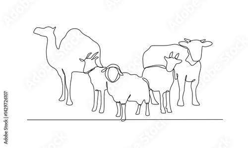 One continuous line drawing of various animal for sacrifice in the Eid Adha Mubarak vector illustration. Cow, sheep, camel and goat for celebration in the Islamic holiday in linear style concept.