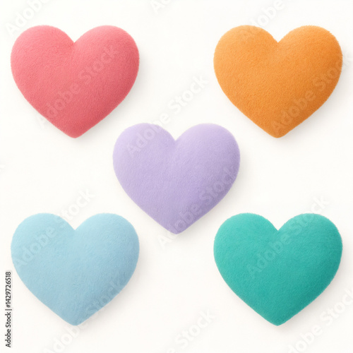 Plush heart - Collection of plush pastel hearts, soft colorful 3D icons for romantic and design projects on white background

