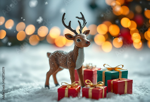 Christmas Reindeer with Gift Boxes on Snowy Background and Bokeh Lights