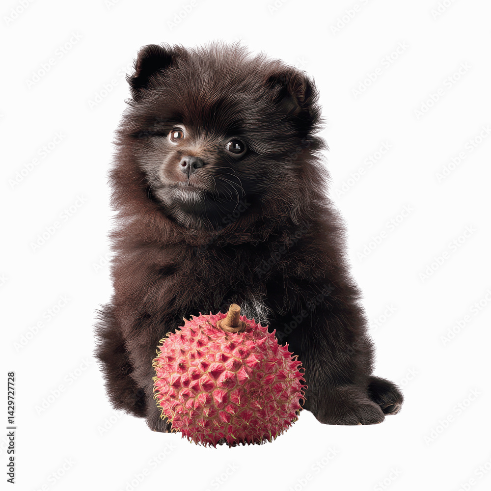 Obraz premium Adorable Brown Pomeranian Puppy with Lychee Fruit
