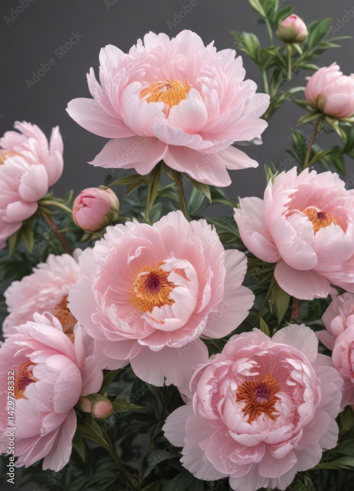 Fototapeta premium Soft pink peony blossoms, full bloom, elegant floral backdrop, pretty, macro