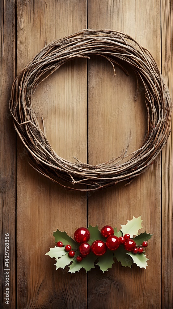 Rustic Christmas Wreath with Holly Berries on Wood Rustic Christmas Wreath with Holly Berries on Wood