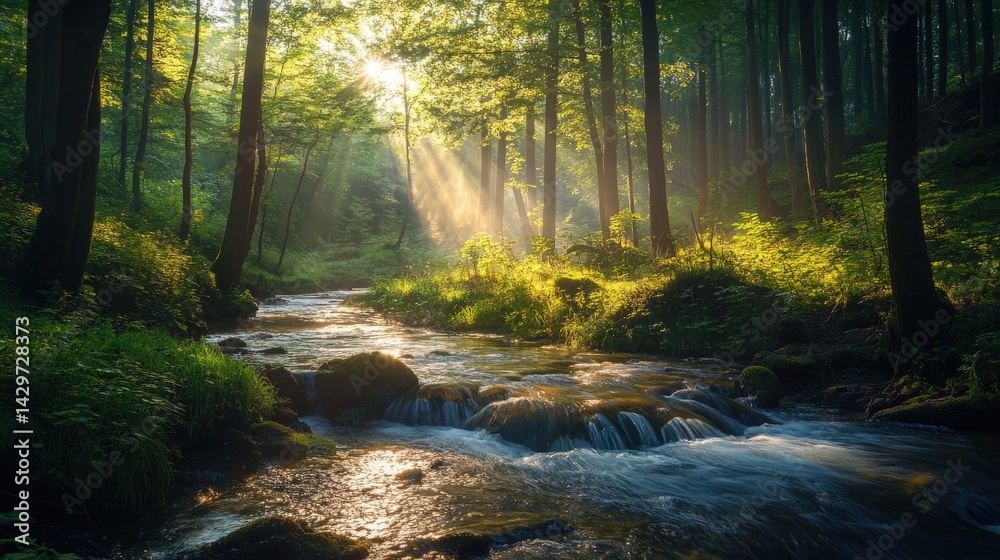 Fototapeta premium Sunbeams pierce a misty forest stream.