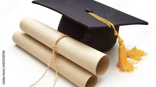 Black graduation cap and official diploma scroll isolated cleanly in PNG format with no background