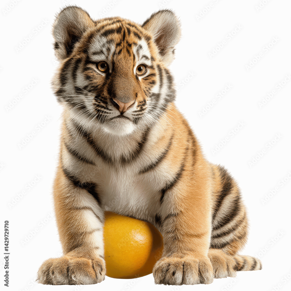 Obraz premium Adorable Tiger Cub with Yellow Ball