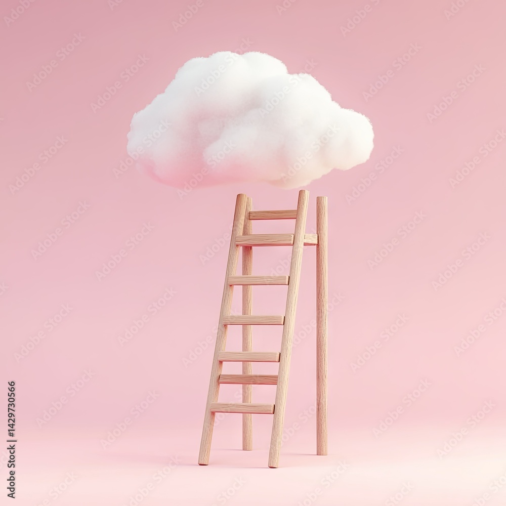 A whimsical pink cloud floats above a pastel pink background. supported by a matching ladder. creating a dreamy atmosphere perfect for imaginative and playful themes A whimsical pink cloud floats above a pastel pink background. supported by a matching ladder. creating a dreamy atmosphere perfect for imaginative and playful themes
