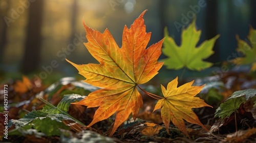 A serene autumn scene featuring vibrant orange and yellow maple leaves gently swaying in the breeze.