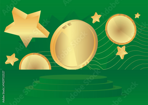 Mockup product display with Gold Coin. Vector cylinder pedestal podium. Stage showcase for presentation. Minimal geometric forms.