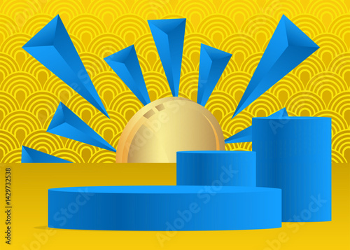 Mockup product display with Gold Coin. Vector cylinder pedestal podium. Stage showcase for presentation. Minimal geometric forms.