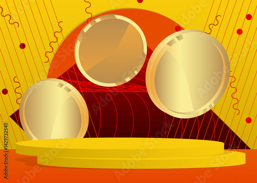 Mockup product display with Gold Coin. Vector cylinder pedestal podium. Stage showcase for presentation. Minimal geometric forms.