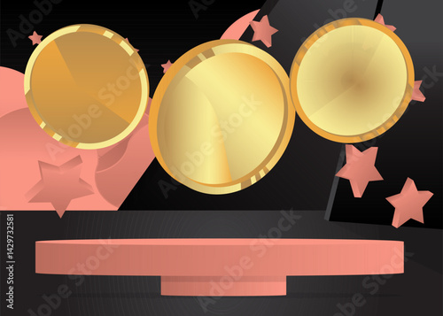 Mockup product display with Gold Coin. Vector cylinder pedestal podium. Stage showcase for presentation. Minimal geometric forms.