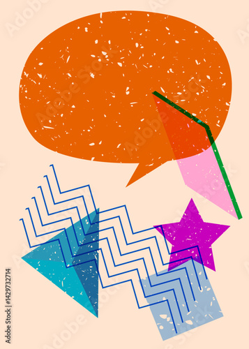 Risograph Handcuffs with speech bubble with geometric shapes. Objects in trendy riso graph print texture style design with geometry elements.