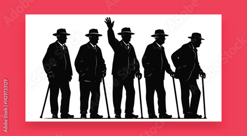 Silhouette Of Senior Gentlemen In Suits With Canes And Hats Vector Graphic