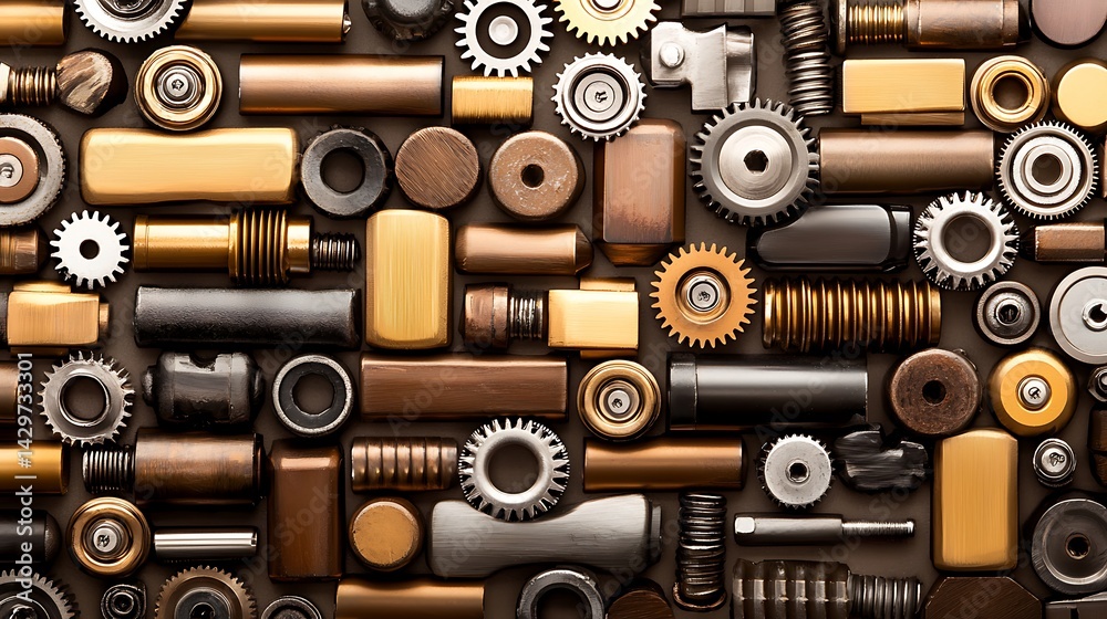 An assortment of metal gears, bolts, nuts, and various industrial components tightly packed An assortment of metal gears, bolts, nuts, and various industrial components tightly packed