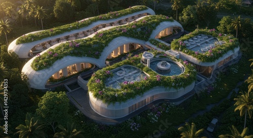 Sustainable architecture blends with nature featuring green roofs and lush landscaping in a tropical environment showcasing eco-friendly design