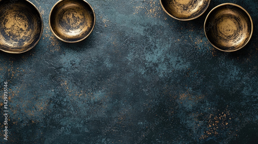 Elegant Antique Bowls Displayed on a Textured Dark Blue Background with Copper Accents for Culinary or Tabletop Decor Elegant Antique Bowls Displayed on a Textured Dark Blue Background with Copper Accents for Culinary or Tabletop Decor