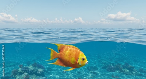 Vibrant yellow fish swims gracefully in a clear blue tropical ocean with coral reefs and a stunning sky, perfect for underwater adventures