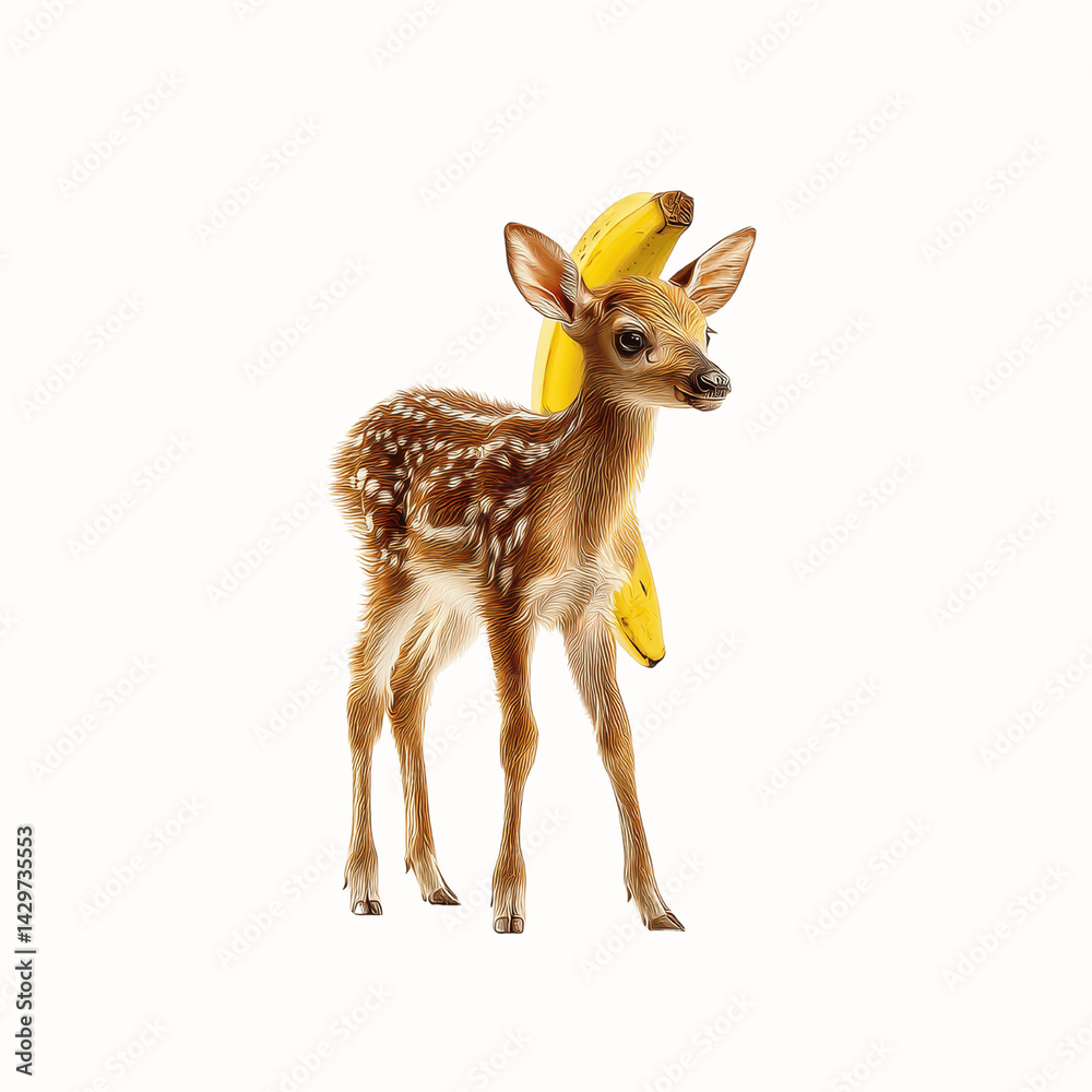Fototapeta premium Adorable Fawn with Banana on Head against Textured Background