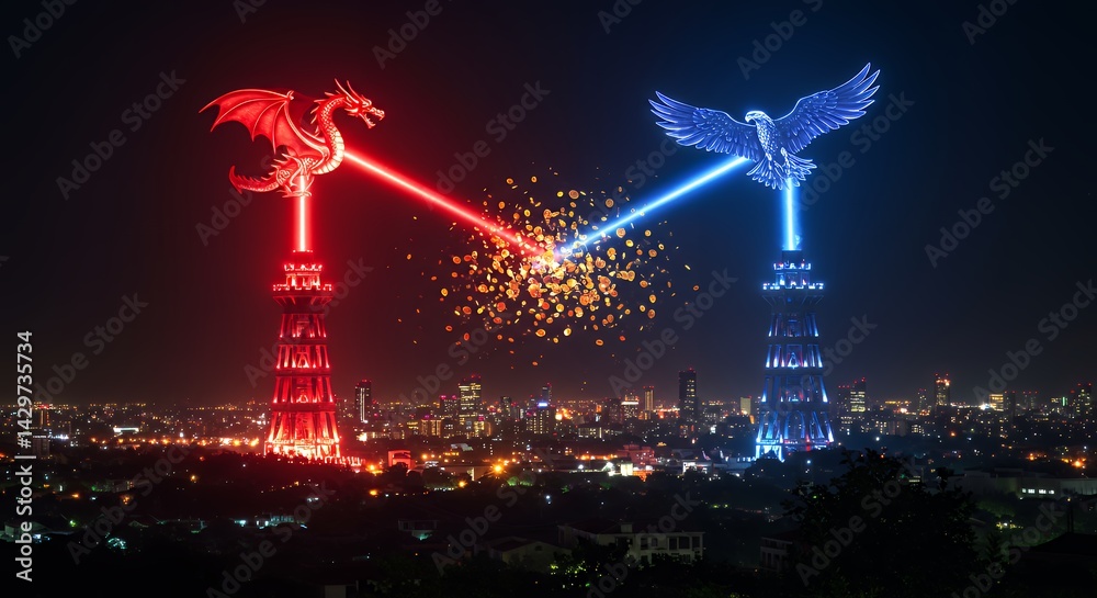 Dragon and Eagle Battle Night Cityscape with Tower and Laser Beams