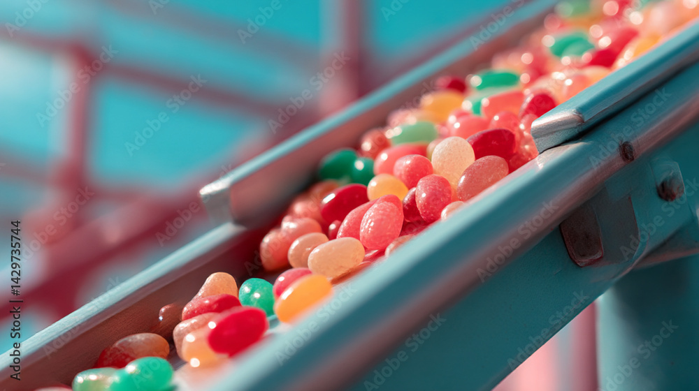 Naklejka premium Colorful jelly beans candy conveyor belt sweet treat confectionery production line food industry deliciousness