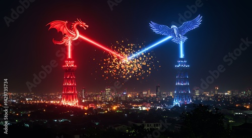 Obraz na płótnie Dragon and Eagle Battle Night Cityscape with Tower and Laser Beams w salonie
