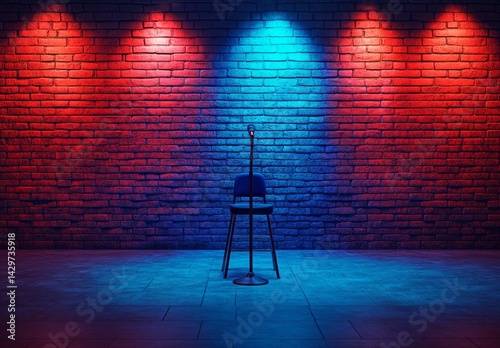 Empty stage with microphone and chair, illuminated by vibrant spotlights, in front of a brick wall