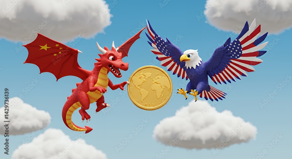 Flying Dragon and Eagle Hold Gold Coin in Sky Scene