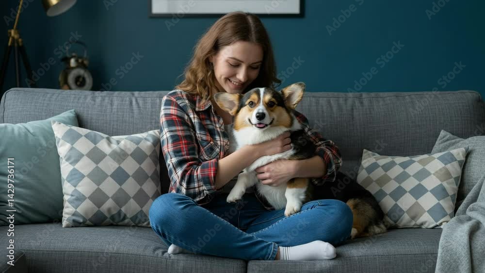 Woman and Her Adorable Corgi on a Cozy Sofa