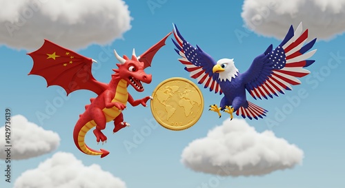 Obraz na płótnie Flying Dragon and Eagle Hold Gold Coin in Sky Scene w salonie