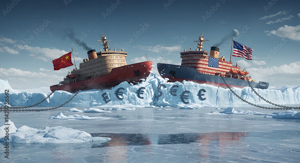 Icebreaker Ships in Cold Waters with Currency Symbols on Ice