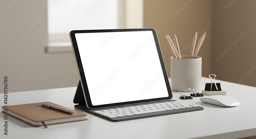 Fototapeta premium Corporate desktop setup with blank tablet, closed notebook, and clean accessories