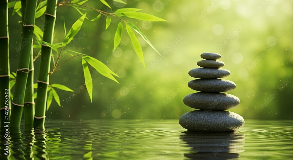 Obraz premium Zen Still Life Featuring Balanced River Stones in Rippling Water with Vibrant Green Bamboo and Soft Bokeh Background